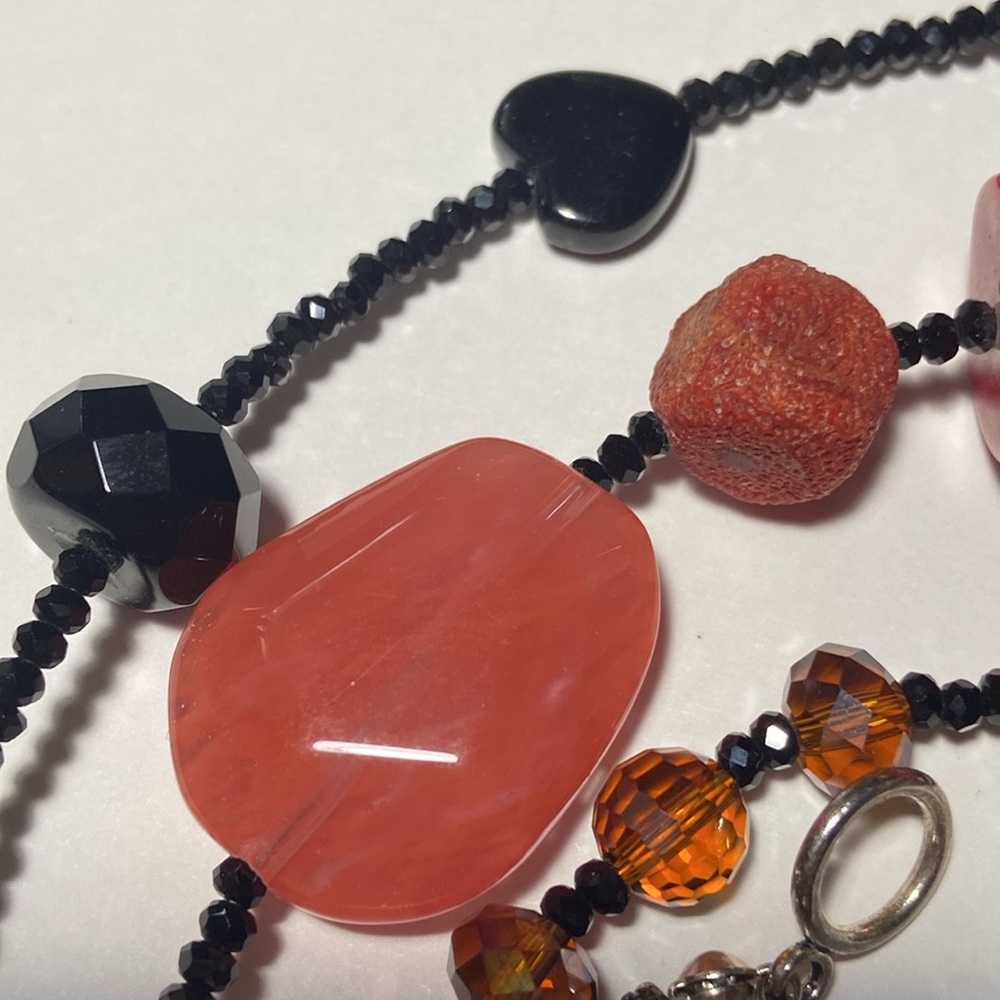 Artisan Made Coral & Black Semi Precious Stones/Glass/Seed Beaded Necklace 38”